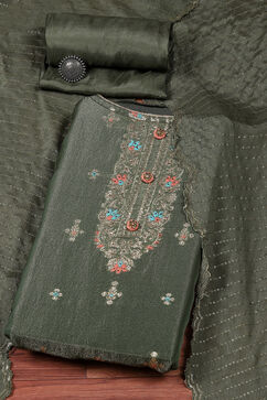 Metalic & Green Banarasi Silk Digital Print Unstitched Suit Set image number 0