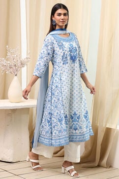 Off-White and Blue Cotton Floral Kalidar Suit Set image number 5