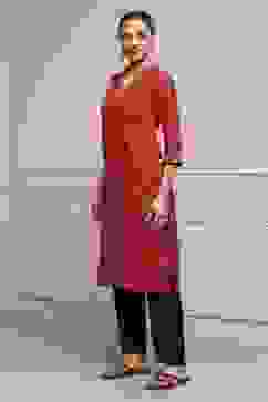 Red Cotton Straight Printed Kurta image number 2