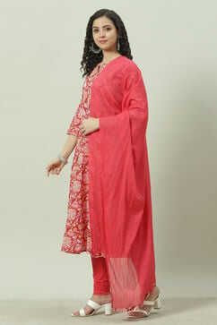 Red Cotton Kalidar Kurta Churidar Suit Set image number 5