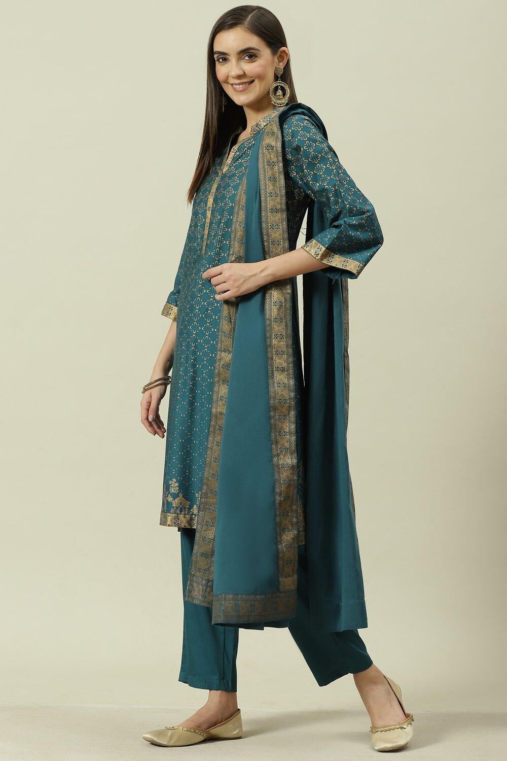 Bottle Blue Printed Cotton Straight Suit Set image number 5