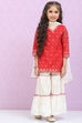 White & Red Cotton Straight Kurta Sharara Suit Set