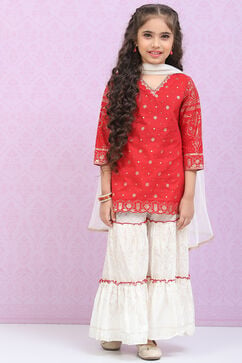 White & Red Cotton Straight Kurta Sharara Suit Set image number 0