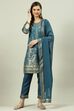 Teal Printed Straight Kurta Slim Pant Suit Set image number 6