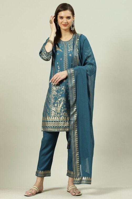 Teal Printed Straight Kurta Slim Pant Suit Set image number 6