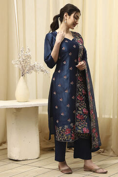 Navy Blue Tissue Machine Embroidered Unstitched Suit Set image number 6