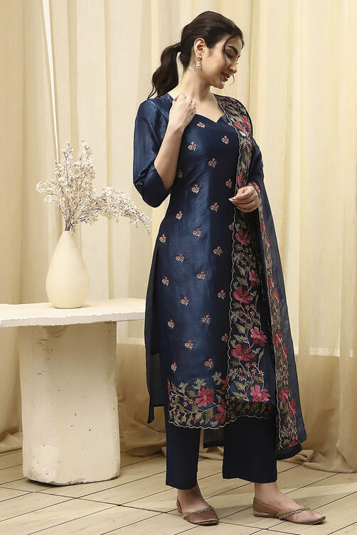 Navy Blue Tissue Machine Embroidered Unstitched Suit Set image number 6