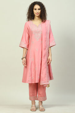 Pink Cotton Silk A-Line Kurta Narrow Palazzo Suit Set image number 0