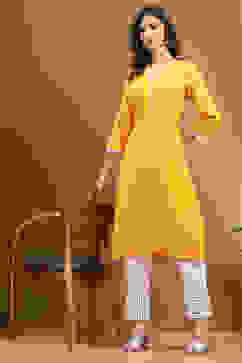 Yellow Cotton Solid Regular Fit Straight Kurta image number 0