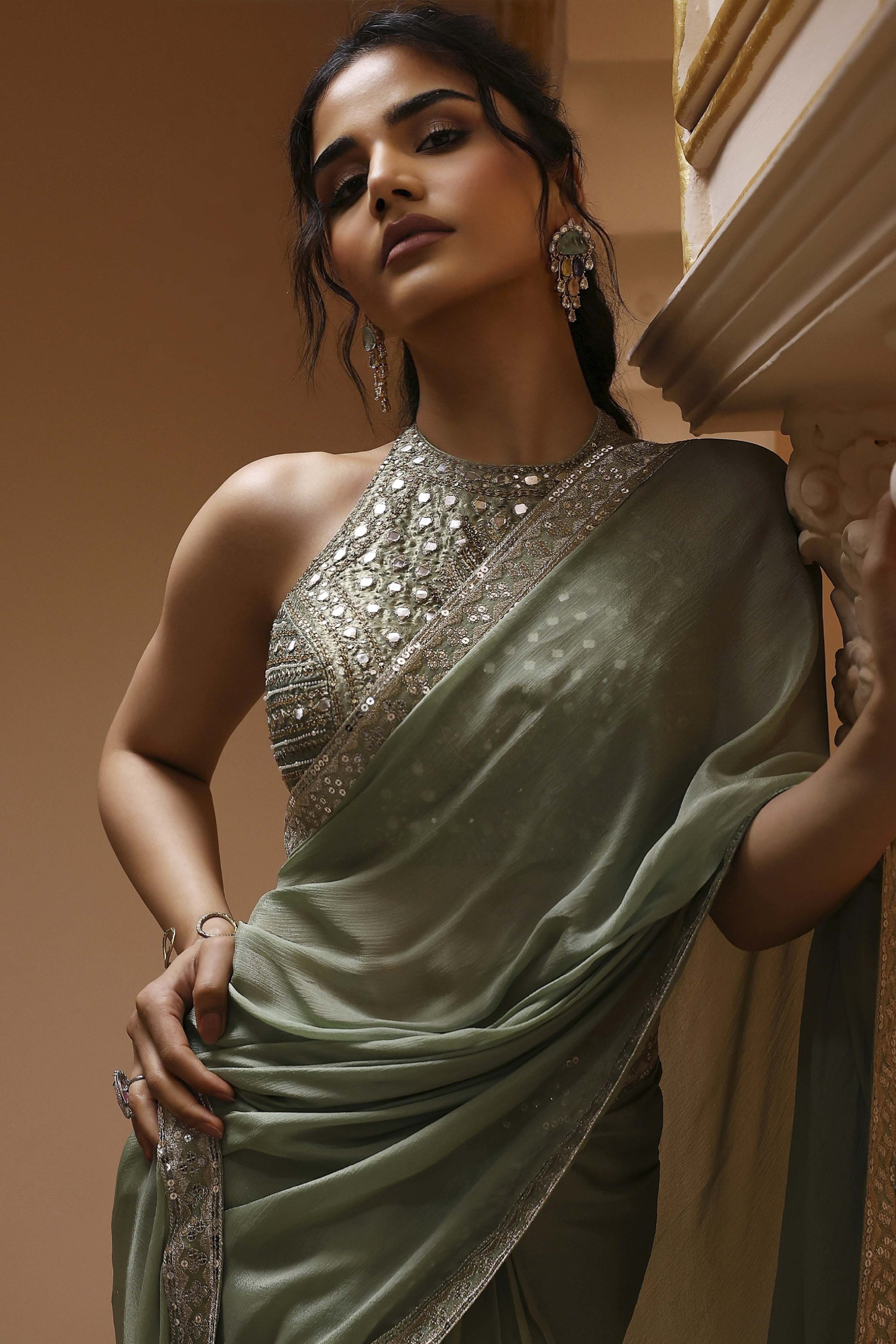 Sage Green Pure Chinnon Pre-Draped Saree image number 1