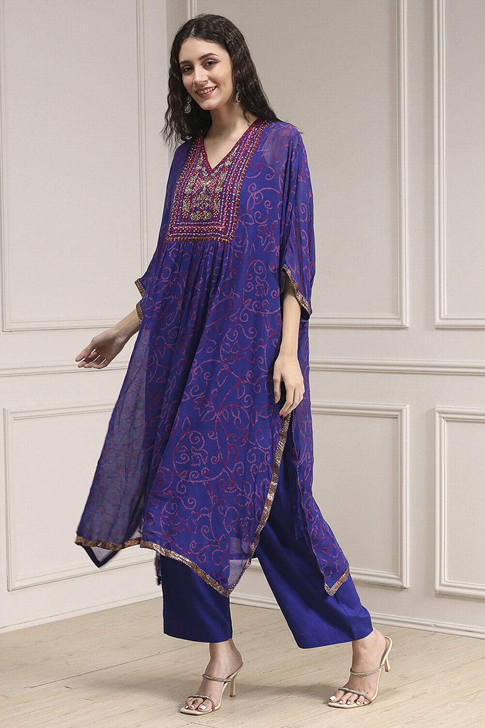 Purple Printed Kaftan Style Kurta Set image number 3
