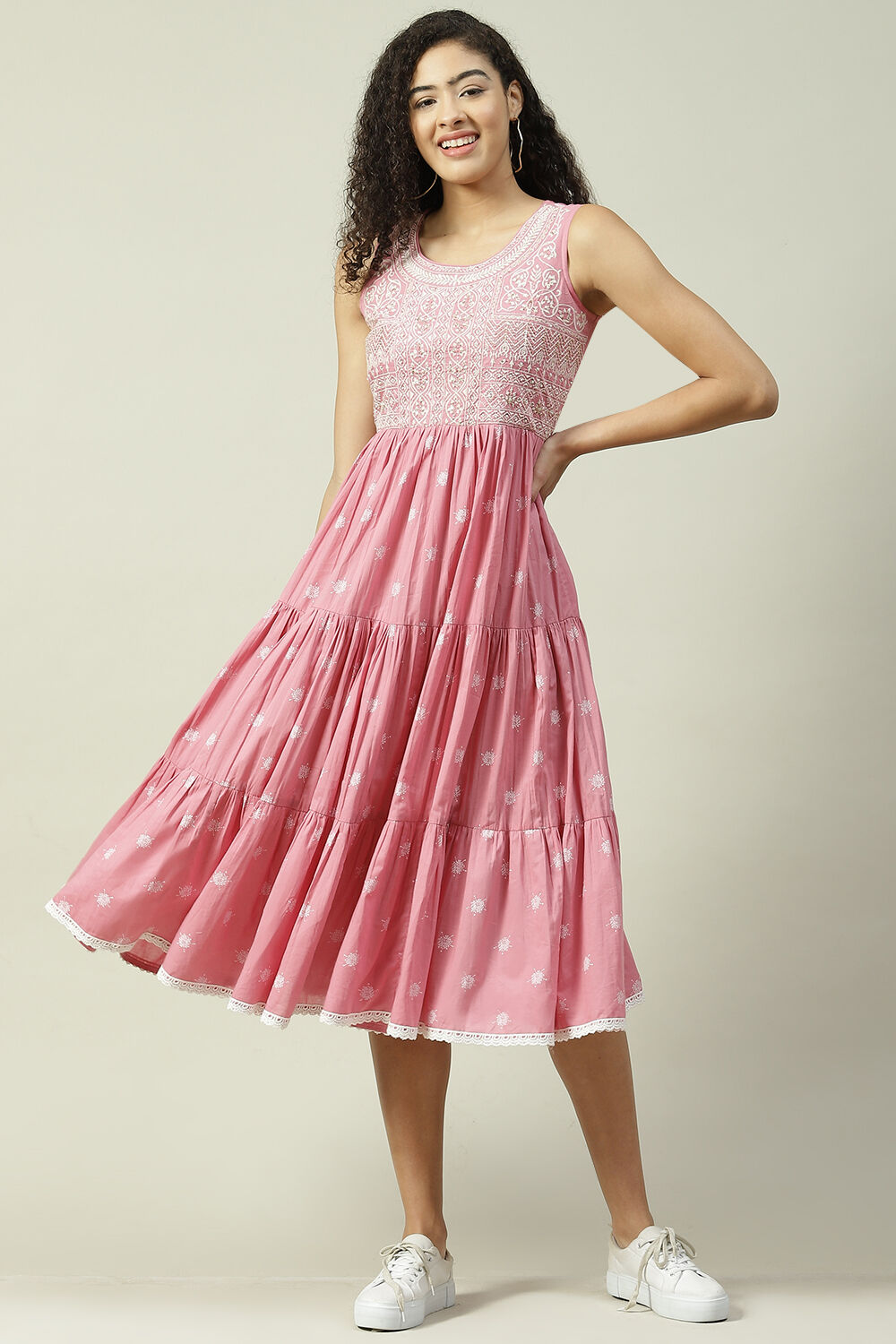 Pink Cotton Flared Printed Dress