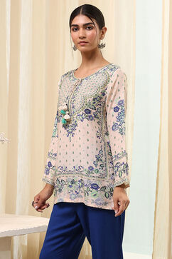 Off-White and Blue Modal Blend Straight Short Kurta image number 2