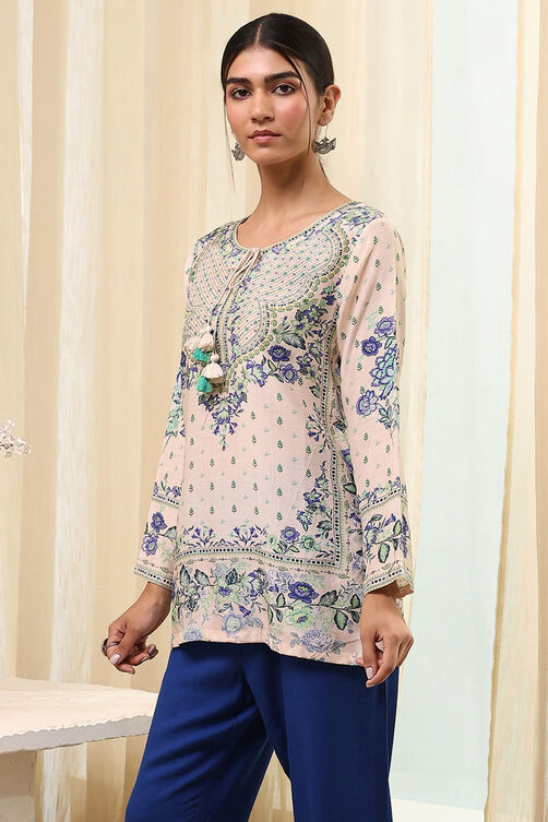 Off-White and Pink Modal Blend Straight Short Kurta image number 2