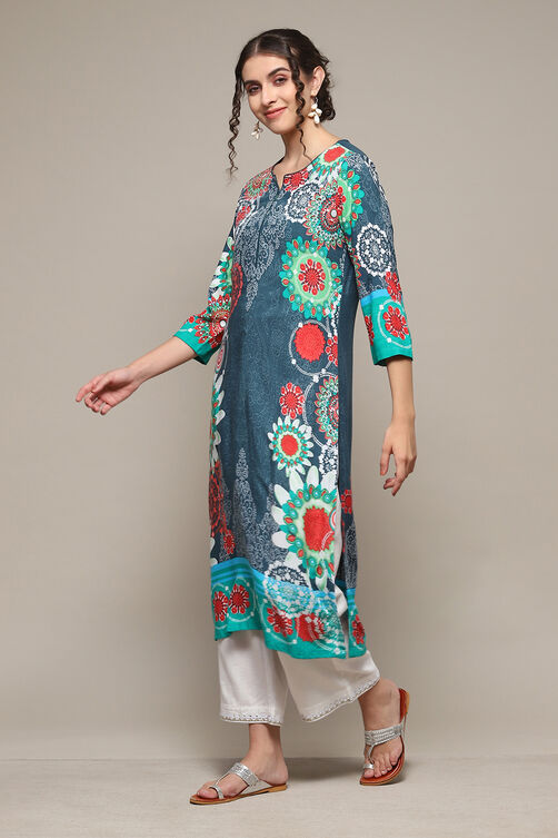 Chalky Teal LIVA Straight Printed Kurta image number 2