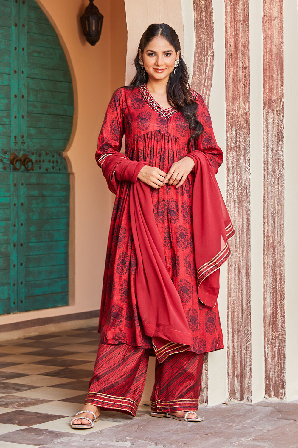 Teracotta Viscose Gathered Kurta Palazzo Suit Set