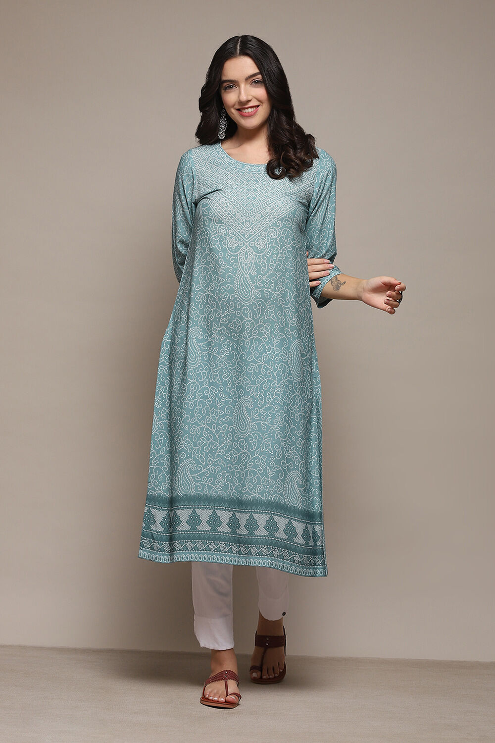 Turquoise Bandhani Printed Straight Kurta image number 0