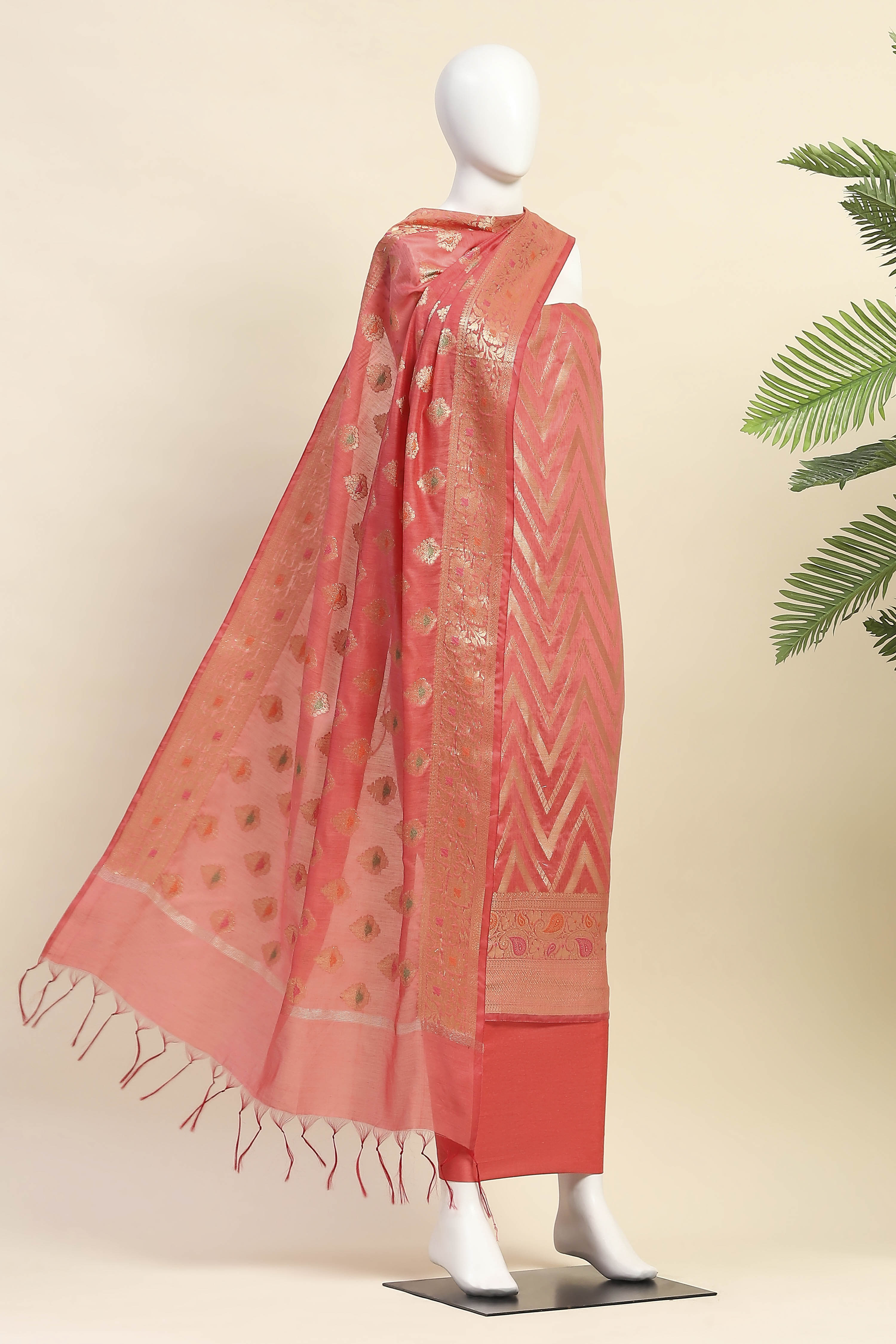 Red Cotton Printed Embroidered Unstitched Suit Set image number 4