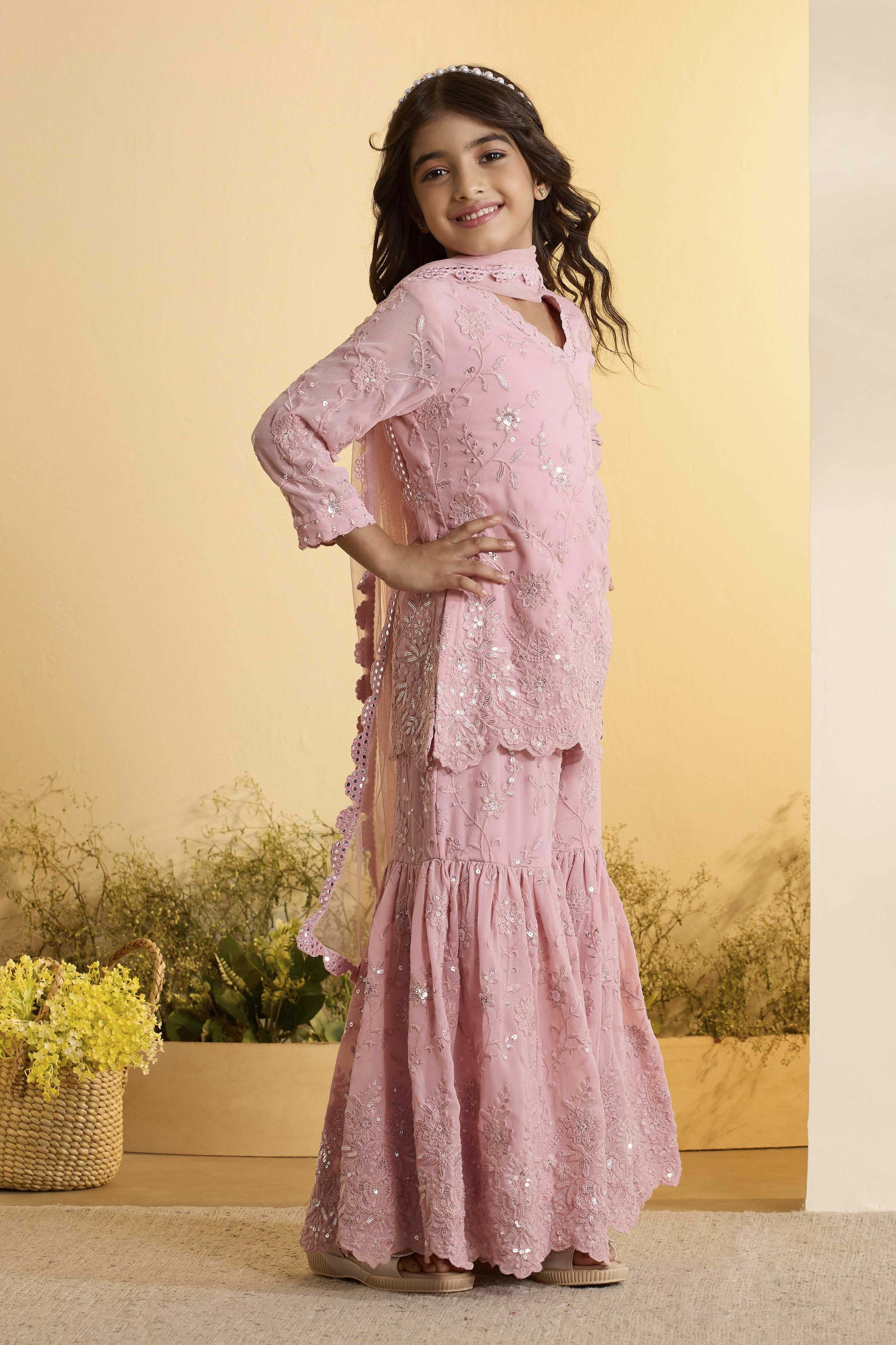Pink Embroidered Straight Sharara Kurta Set image number 5