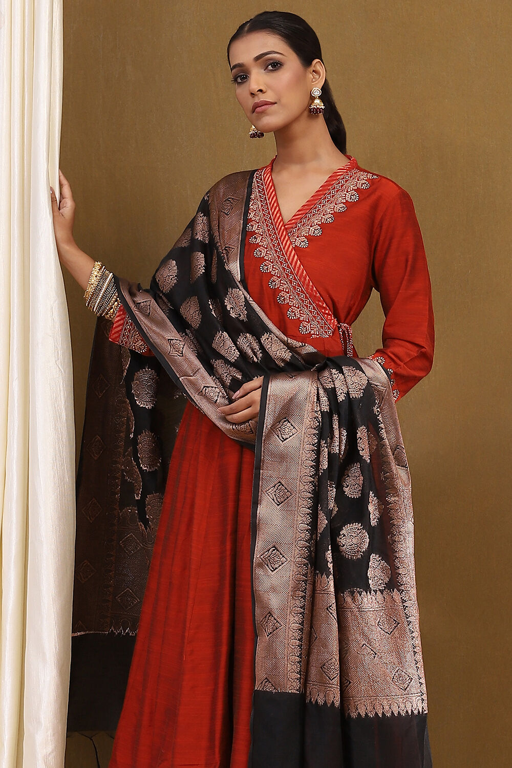 Rust Embroidered Angrakha Festive Anarkali Suit Set image number 11