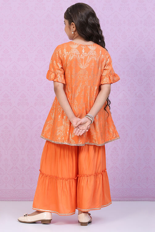 Orange Rayon Flared Printed Kurta Set image number 4