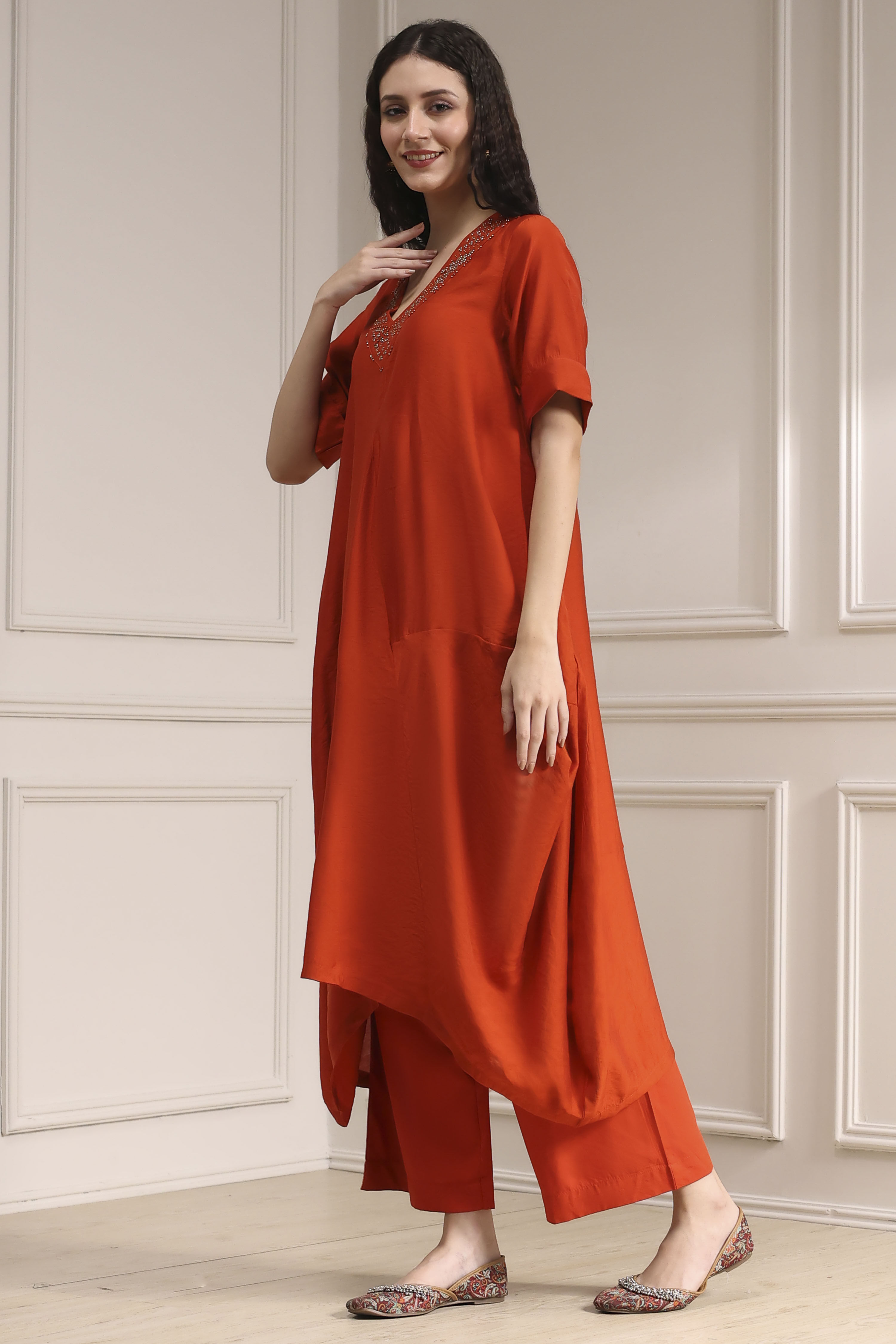 Burnt Orange Dyed Asymmetric Kurta Set image number 3