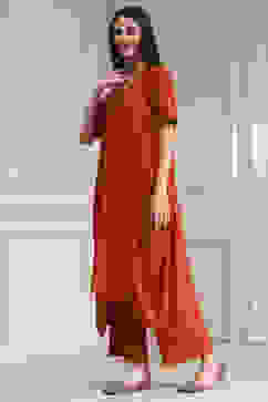 Burnt Orange Dyed Asymmetric Kurta Set image number 3