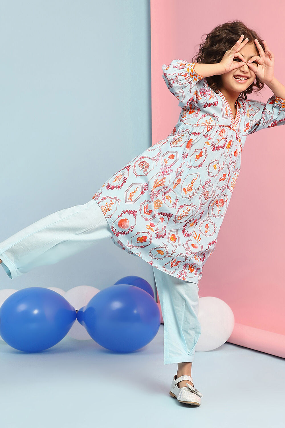 Sky Blue Cotton Floral Gathered Kurta Set image number 0