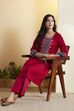 Red Viscose Rayon Yoke Printed Straight Kurta