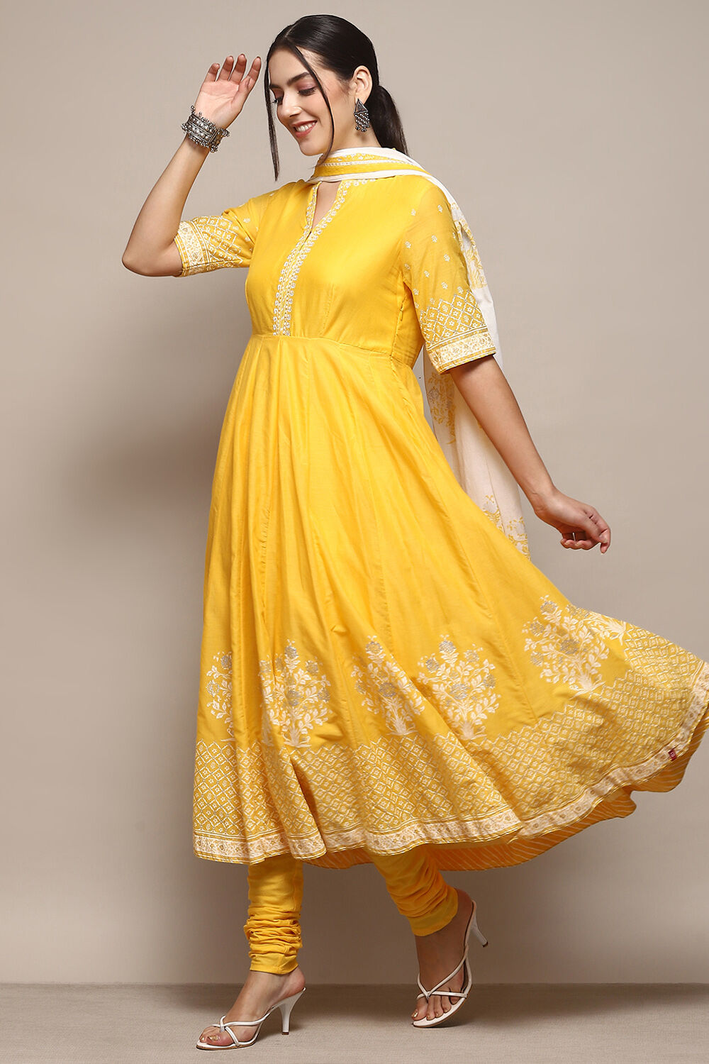 Black Cotton Anarkali Printed Kurta Churidar Suit Set image number 4