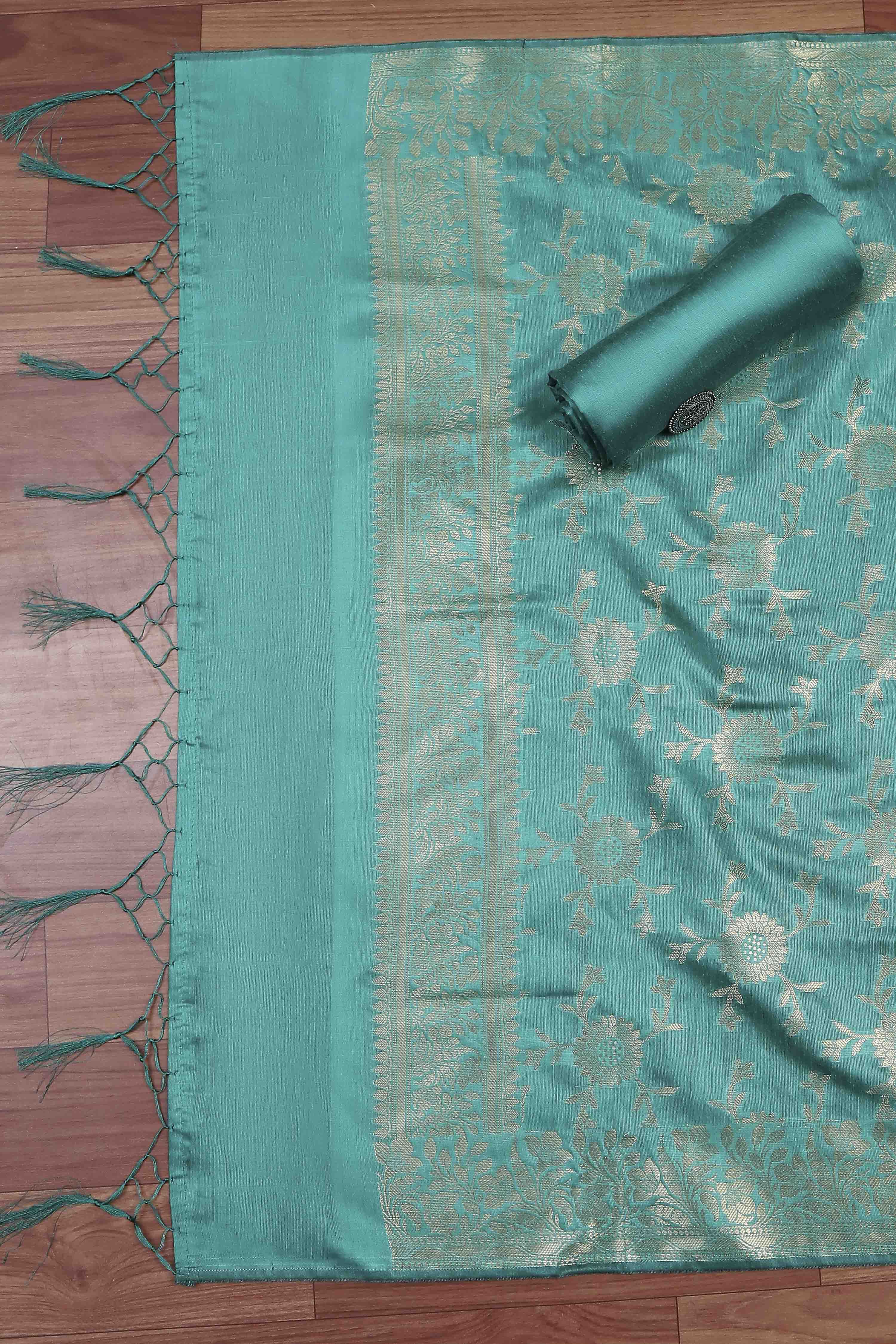 Teal Banarasi Chanderi Banarasi Print Unstitched Suit Set image number 3
