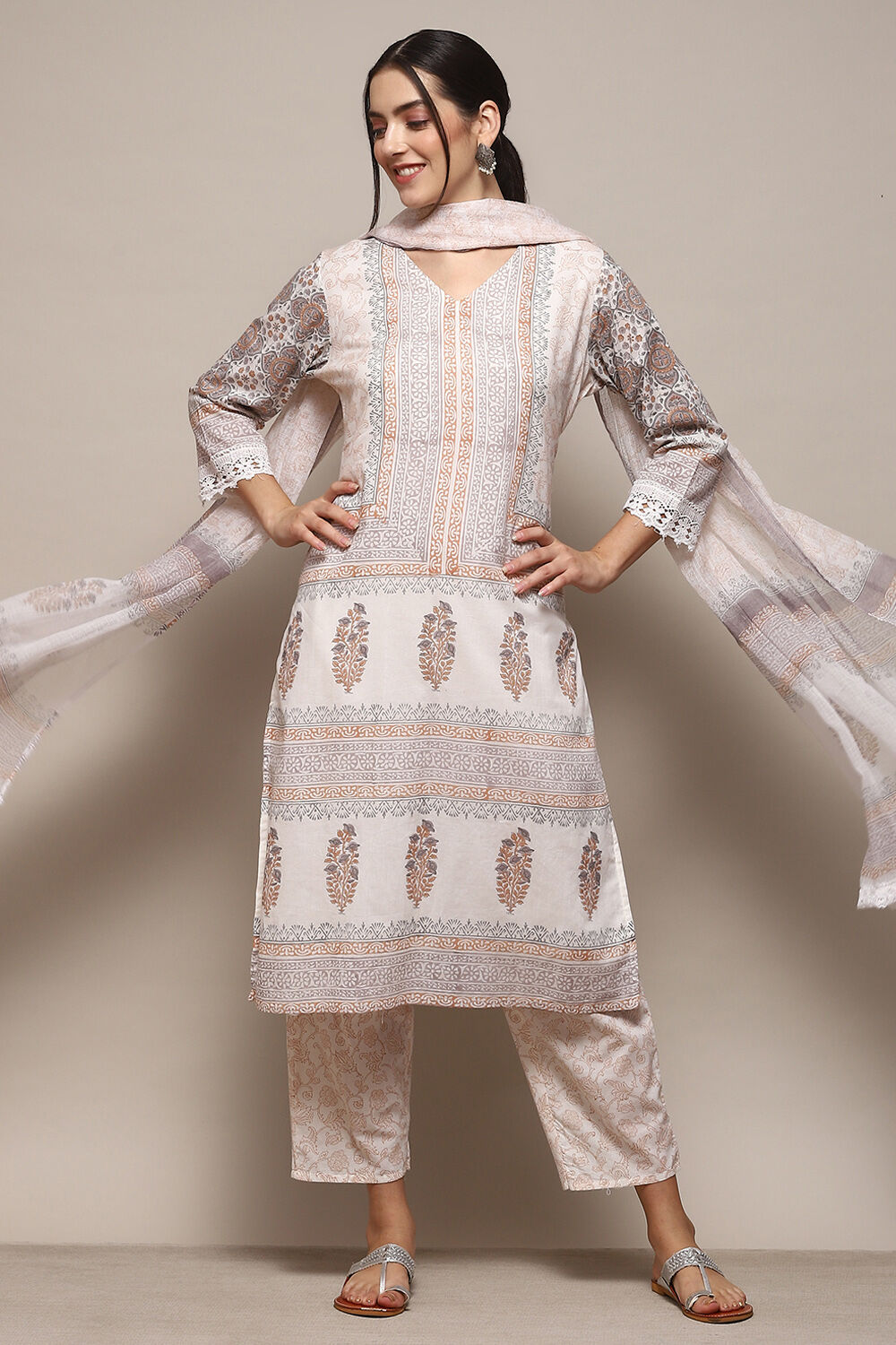 Beige Cotton Machine Embroidered Unstitched Suit Set image number 8