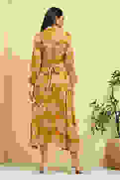 Mustard Yellow Floral Printed Shirt Style A-line Dress image number 3