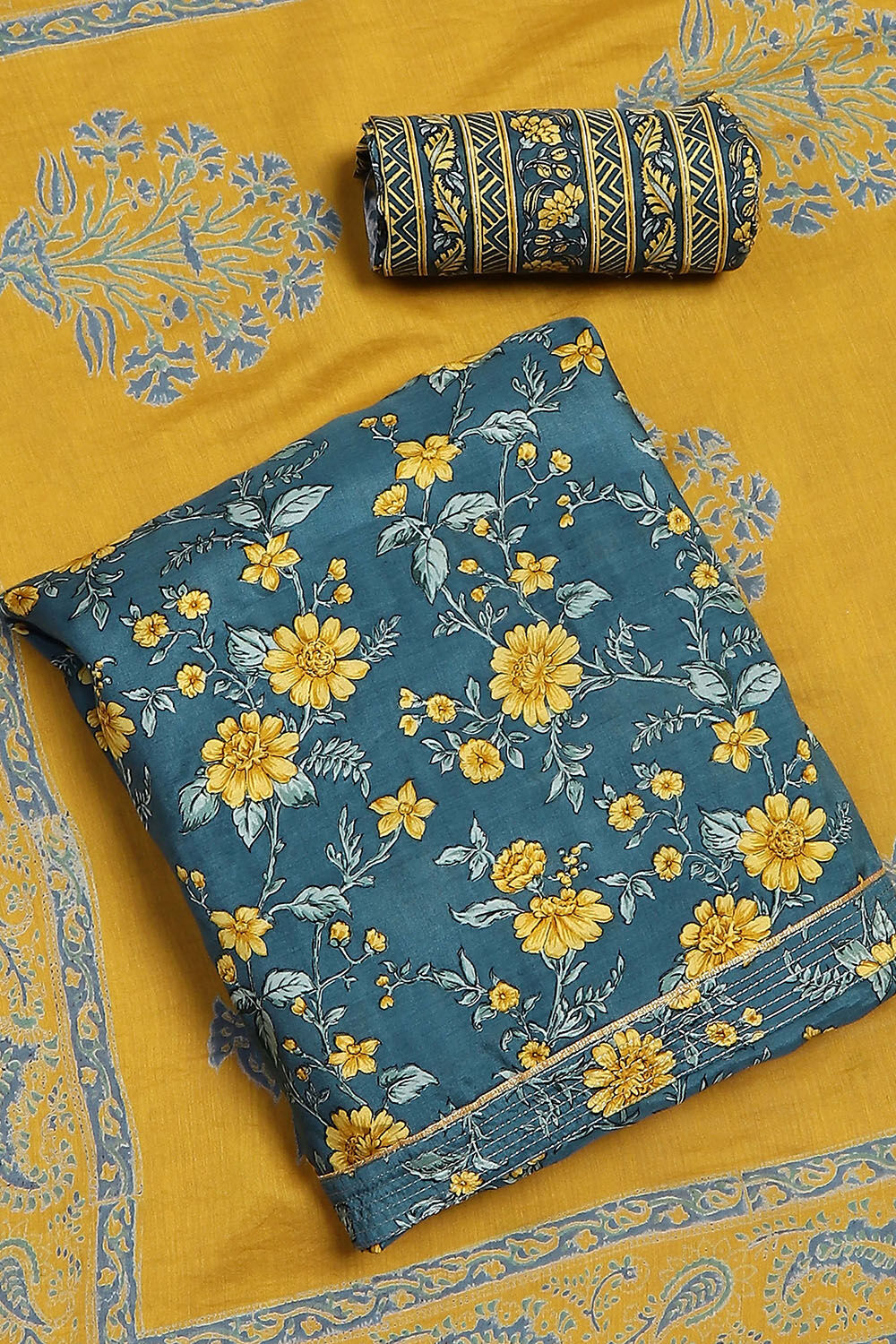 Blue Viscose Muslin Screen Print Unstitched Suit Set image number 0