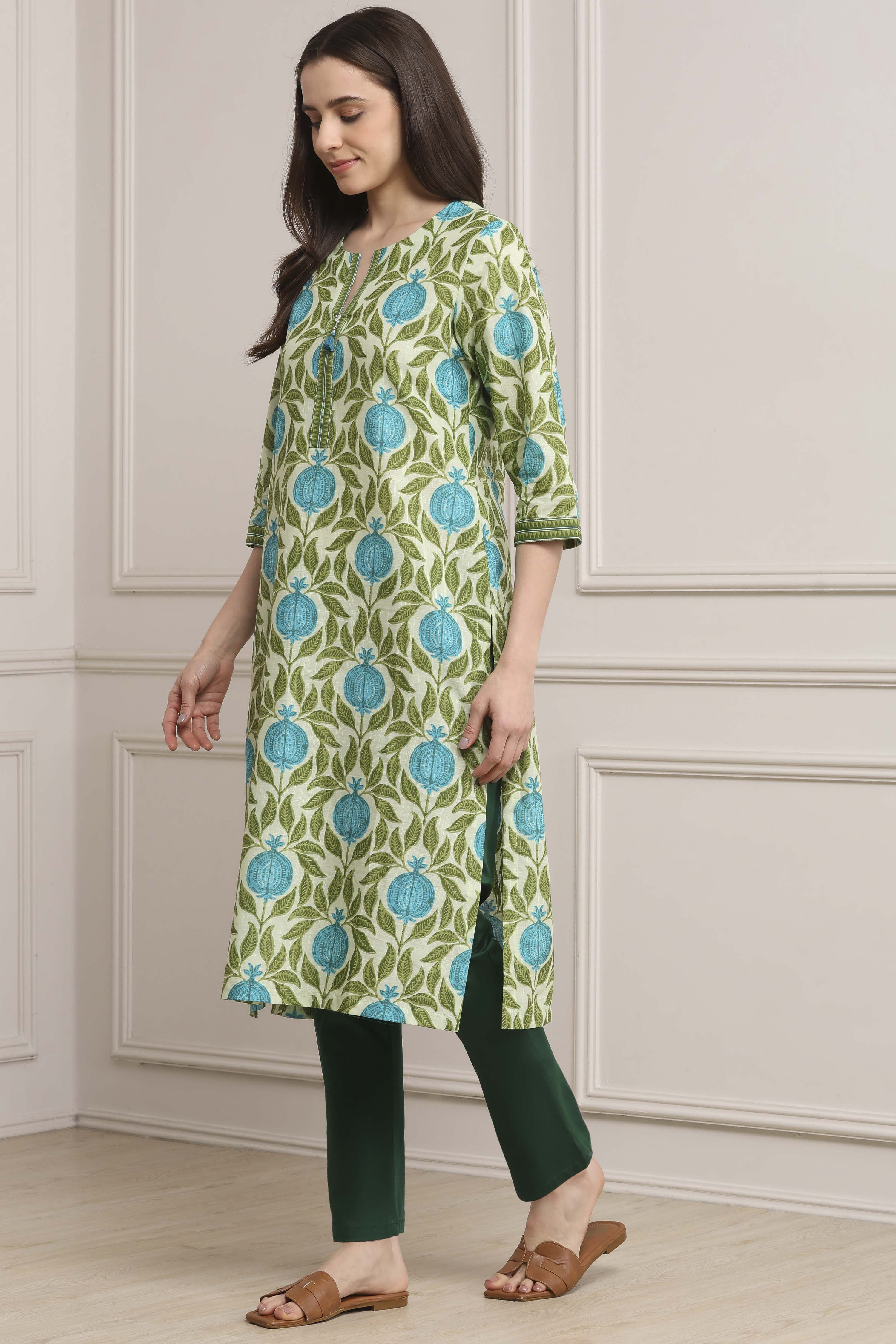 Cream-Colored Cotton Printed Straight Kurta image number 2