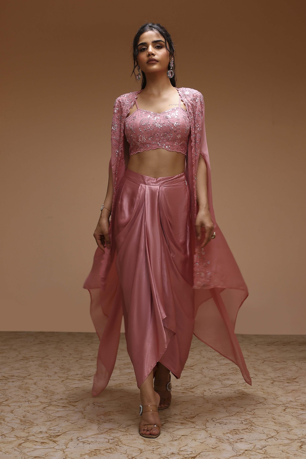 Rose Pink Viscose Organza Fusion Skirt Set
