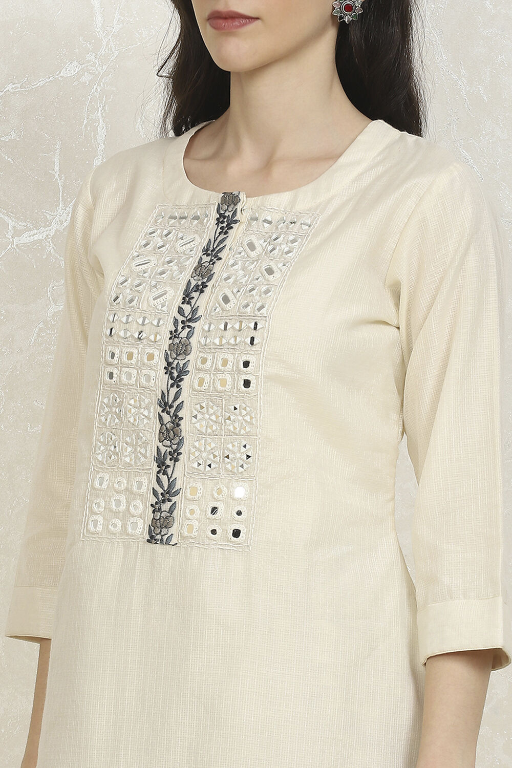 Off-White Cotton Machine Embroidered Unstitched Suit Set image number 2