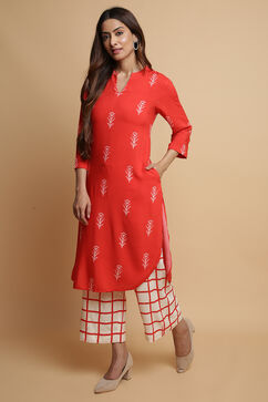 Terracotta Rayon Straight Kurta Pants Set image number 5