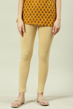 Beige Cotton Blend Solid Leggings image number 2