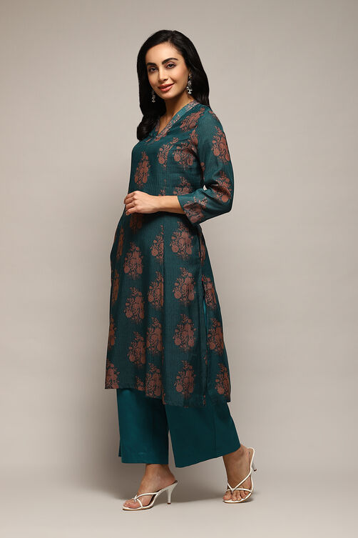 Pink Poly Chanderi A-Line Printed Kurta Palazzo Suit Set image number 3