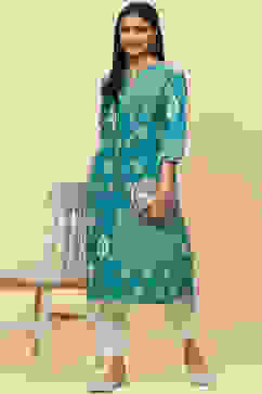 Green Cotton Straight Kurta image number 5