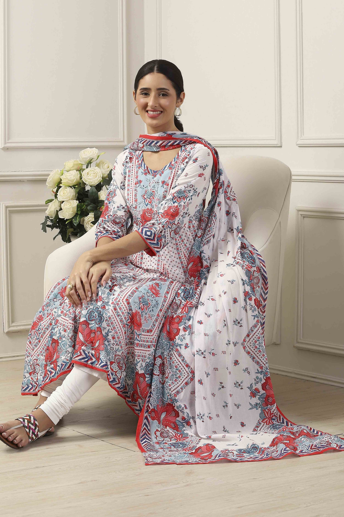 White Cotton Kalidar Suit Set