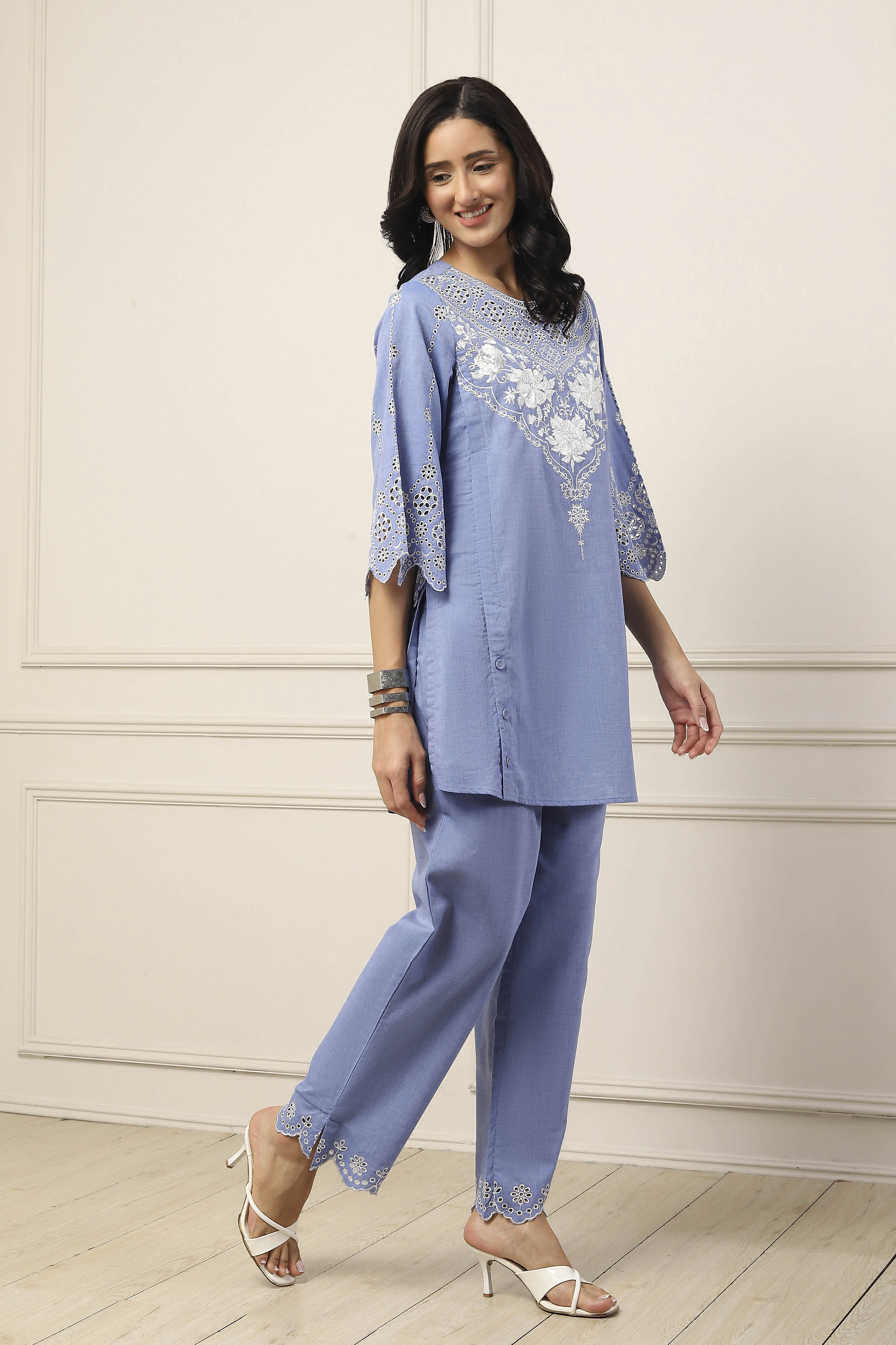 Blue Cotton Embroidered Cutwork Straight Suit Set image number 5