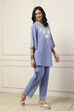 Blue Cotton Embroidered Cutwork Straight Suit Set image number 5