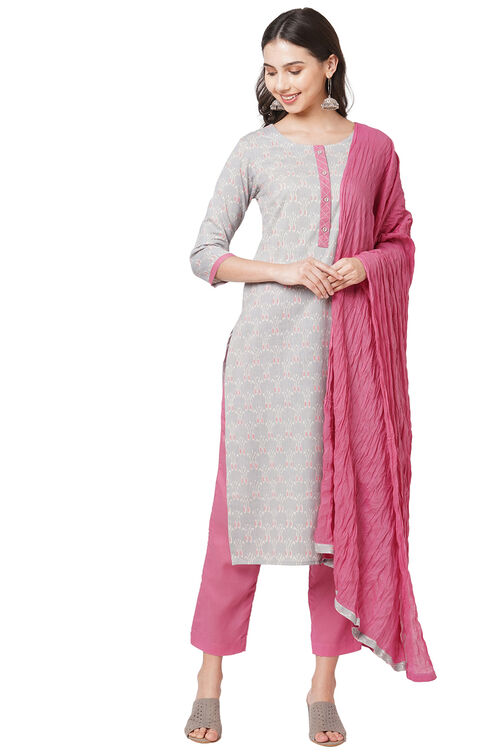 Grey Cotton Screen Print Unstitched Suit Set at Biba India