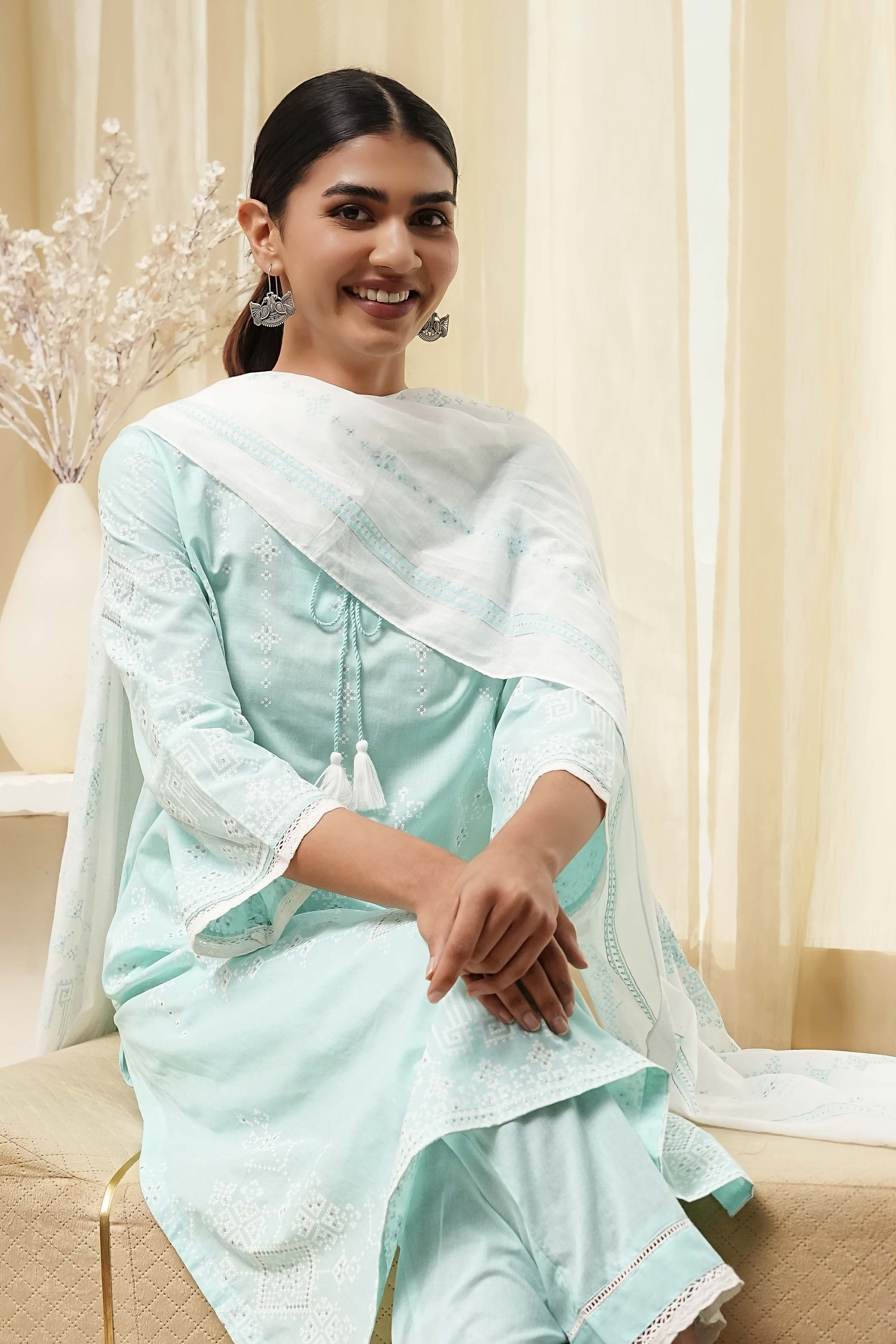 Aqua Cotton Printed Straight Suit Set image number 7