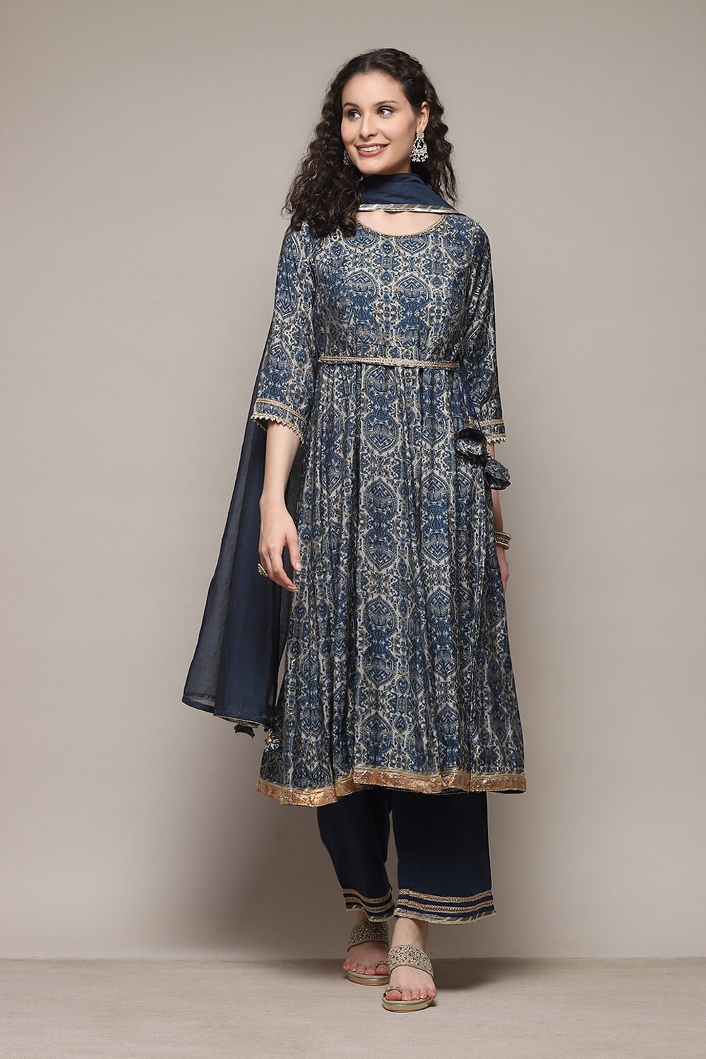 Blue Poly Viscose Anarkali Kurta Palazzo Suit Set