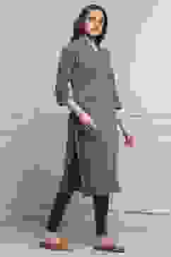 Earthy Green Yarn-Dyed Printed Straight Winter Kurta image number 4