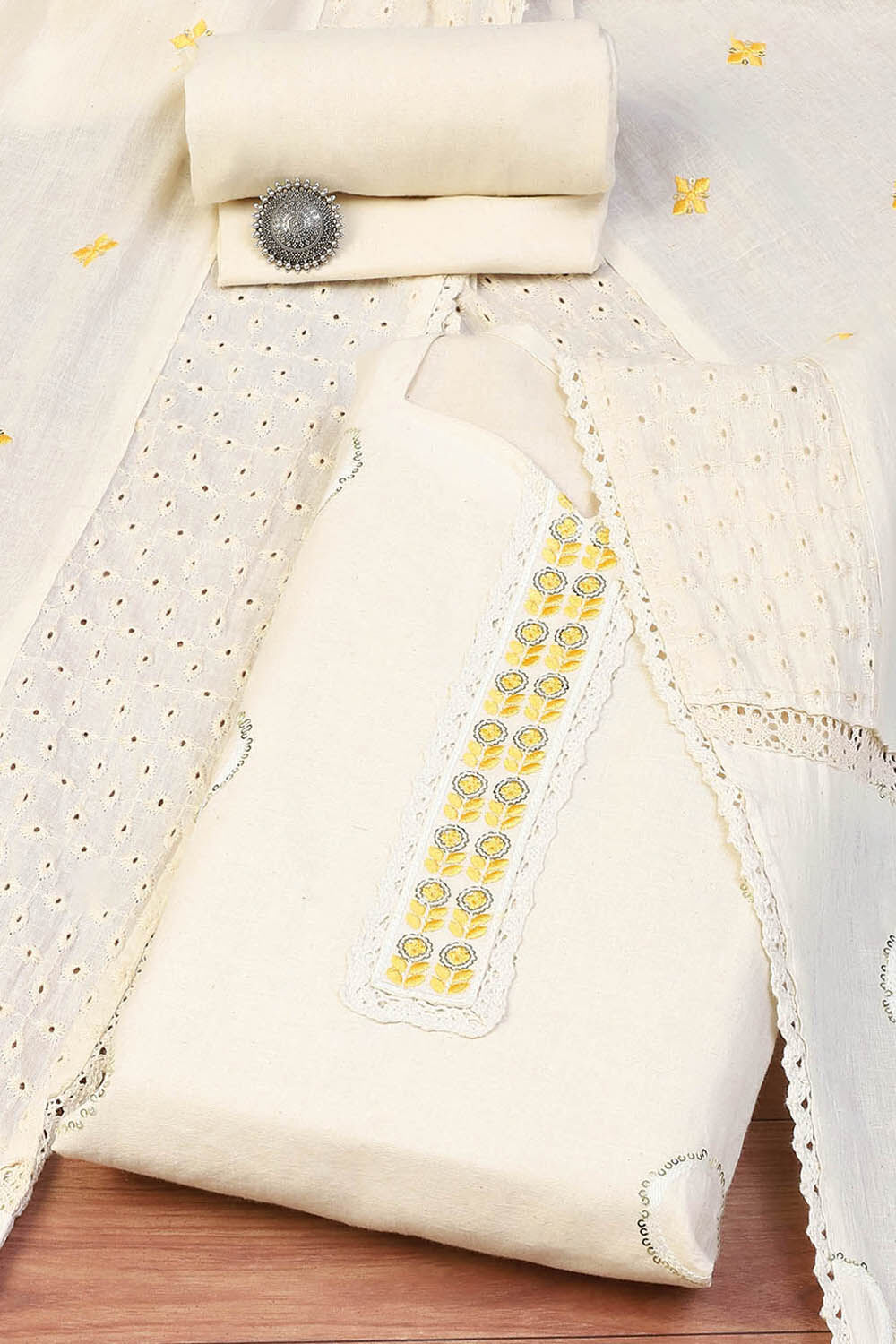 Off White Cotton Schiffly Unstitched Suit Set image number 0