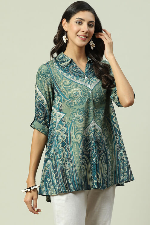 Teal LIVA Straight Printed Shirt image number 3